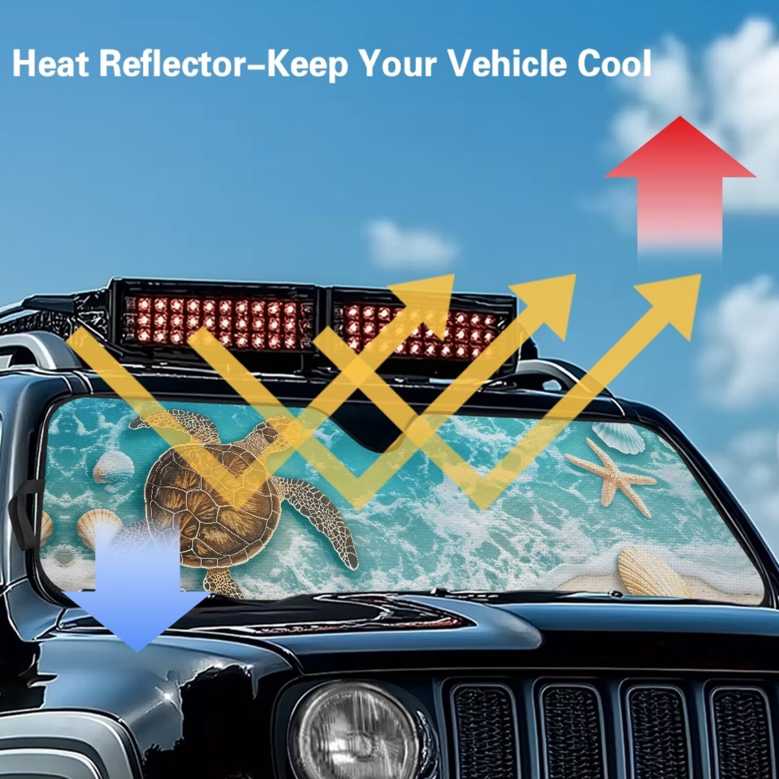 HUIACONG Beach Sea Turtle Front Windshield Sunshade Fit for Jeep Wrangler JL/JLU 2018-2024 & Jeep Gladiator JT 2020-2024, 240TShade Sun Visor Protector Blocks UV Rays Keep Vehicle Cooler