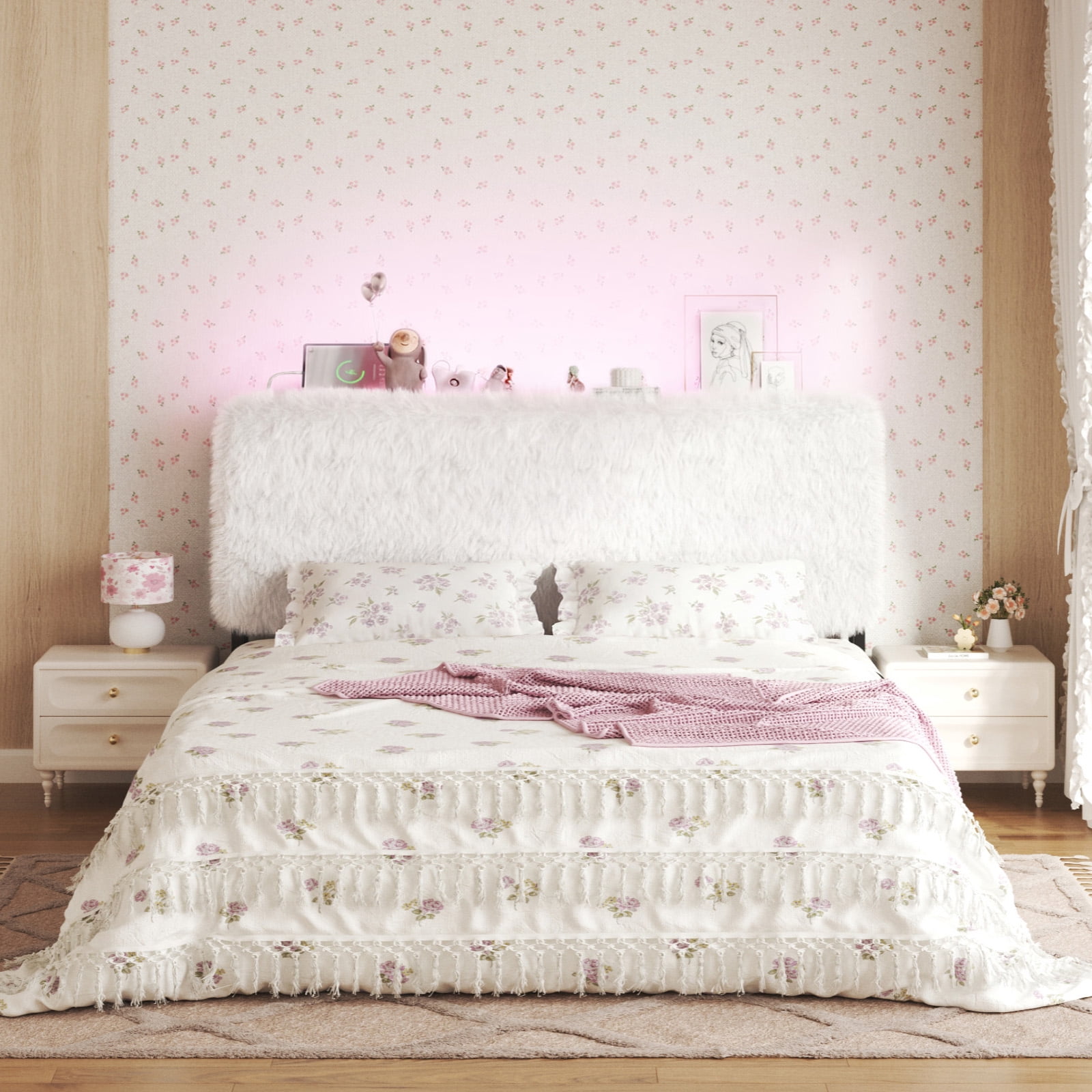 Patbrela Princess Headboard King Size for Girls, Upholstered Plush Headboard, 42.1" to 46.1" Adjustable Height, Beige