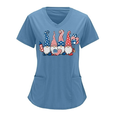 

Black Scrub Tops For Women Fitted Independence Day Print Short Sleeve V-Neck Solid Blouse Tops With Pockets Nursing Uniform