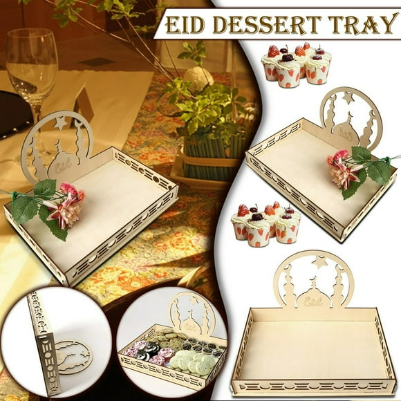 Wooden Artistic Eid Mubarak Party Serving Tableware Tray Display Wood Decor