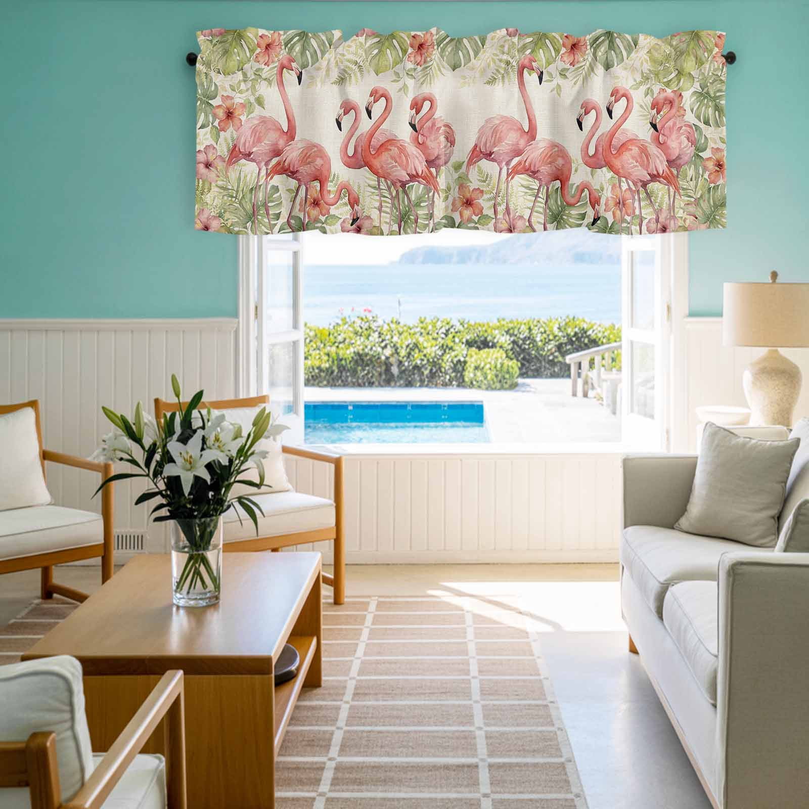 Summer Flamingo Valances for Windows Boho Red Tropical Animals Palm Trees Plants Linen Texture Rod Pocket Curtain Valance Window Treatment Short Curtains for Kitchen Living Room, 60"x18"