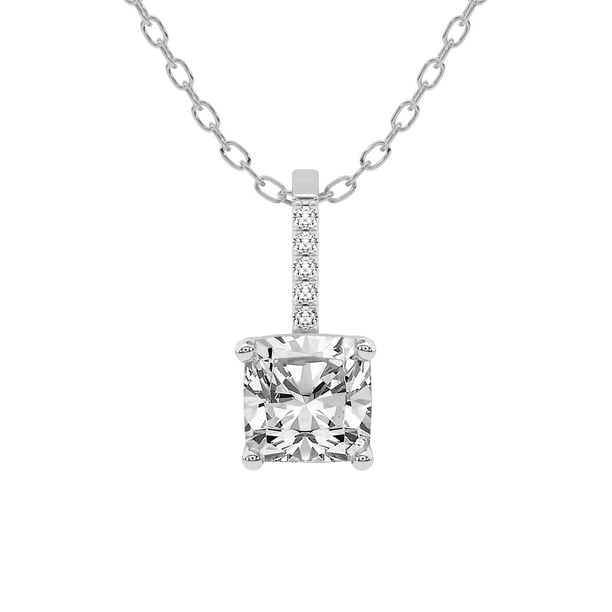 Diamond Pendant Necklace For Women | 2 ct IGI Certified Cushion Shape |  Lucida Four Prong Lab Diamond Pendant Necklace In 14K White Gold |  FG-VS1-VS2