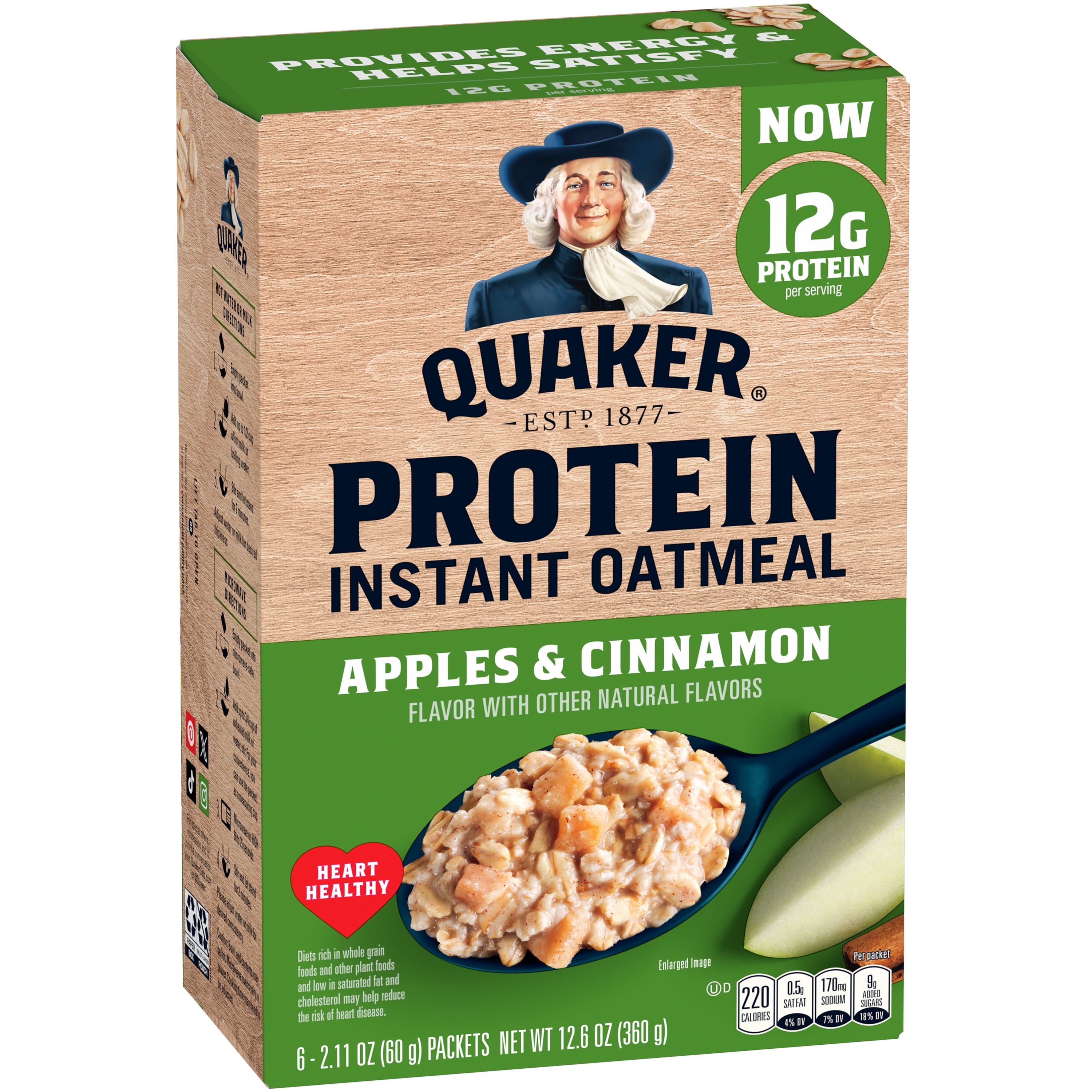 Quaker Protein Instant Oatmeal, Apples & Cinnamon, 12g Protein per Serving, Whole Grains, 2.11 oz Packets, (6 Pack)