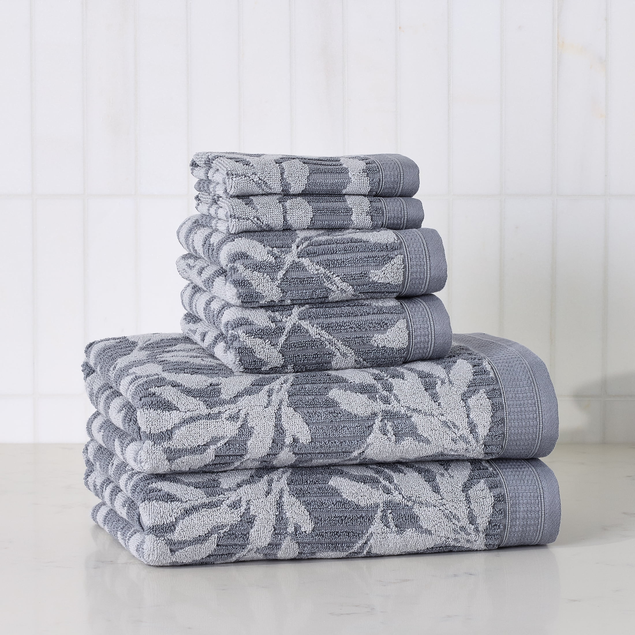 Better Homes & Gardens Signature Soft Floral 6 Piece Towel Set,Grey Flannel/Soft Silver