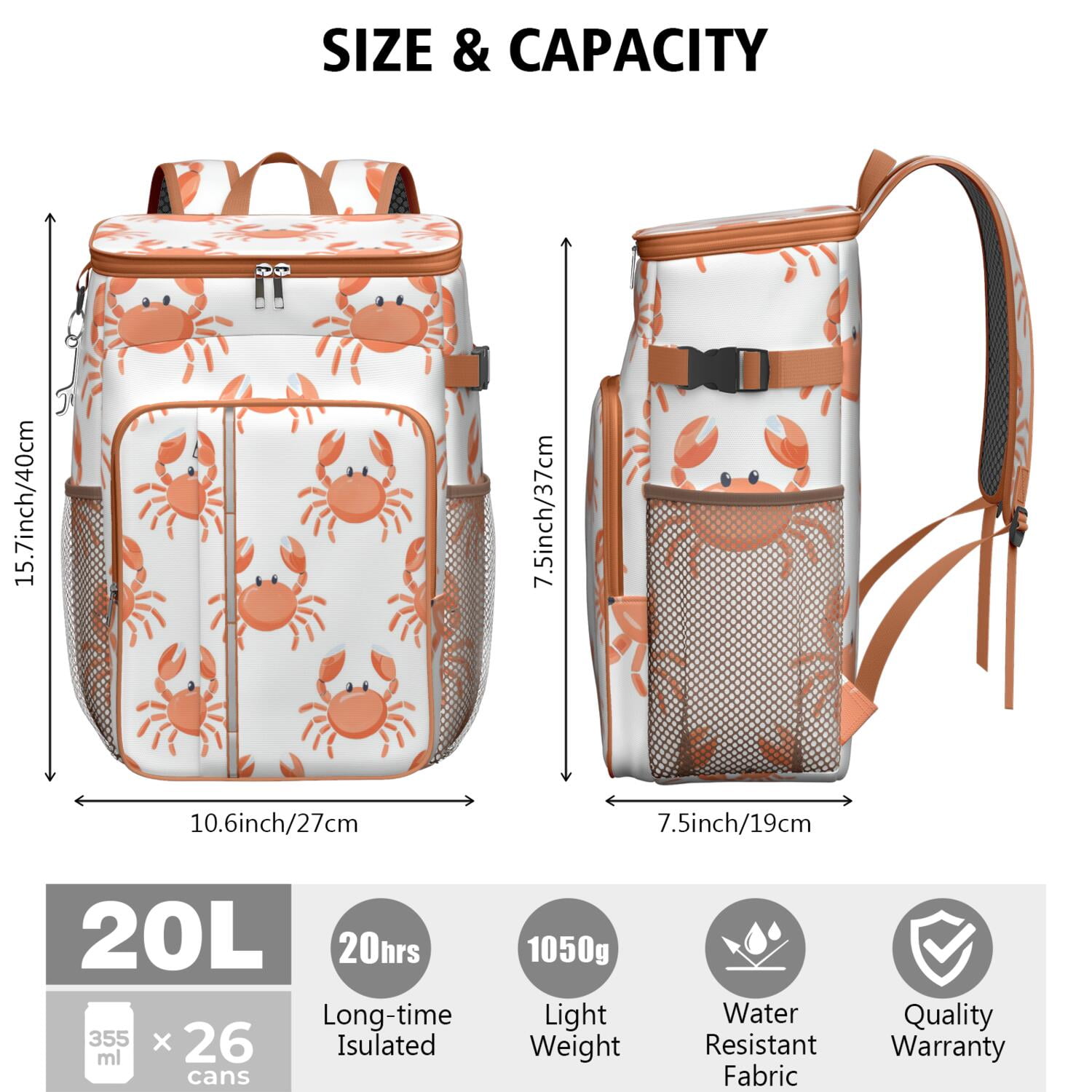 Camping Cooler Backpack 26 Cans,Insulated Backpack Insulated Leak Proof Travel Cooler Bag Waterproof Lunch Picnic Beach Work Trip Thermal Bag Drink Beverage Beer Bag Cooler Marine Adorable Crab