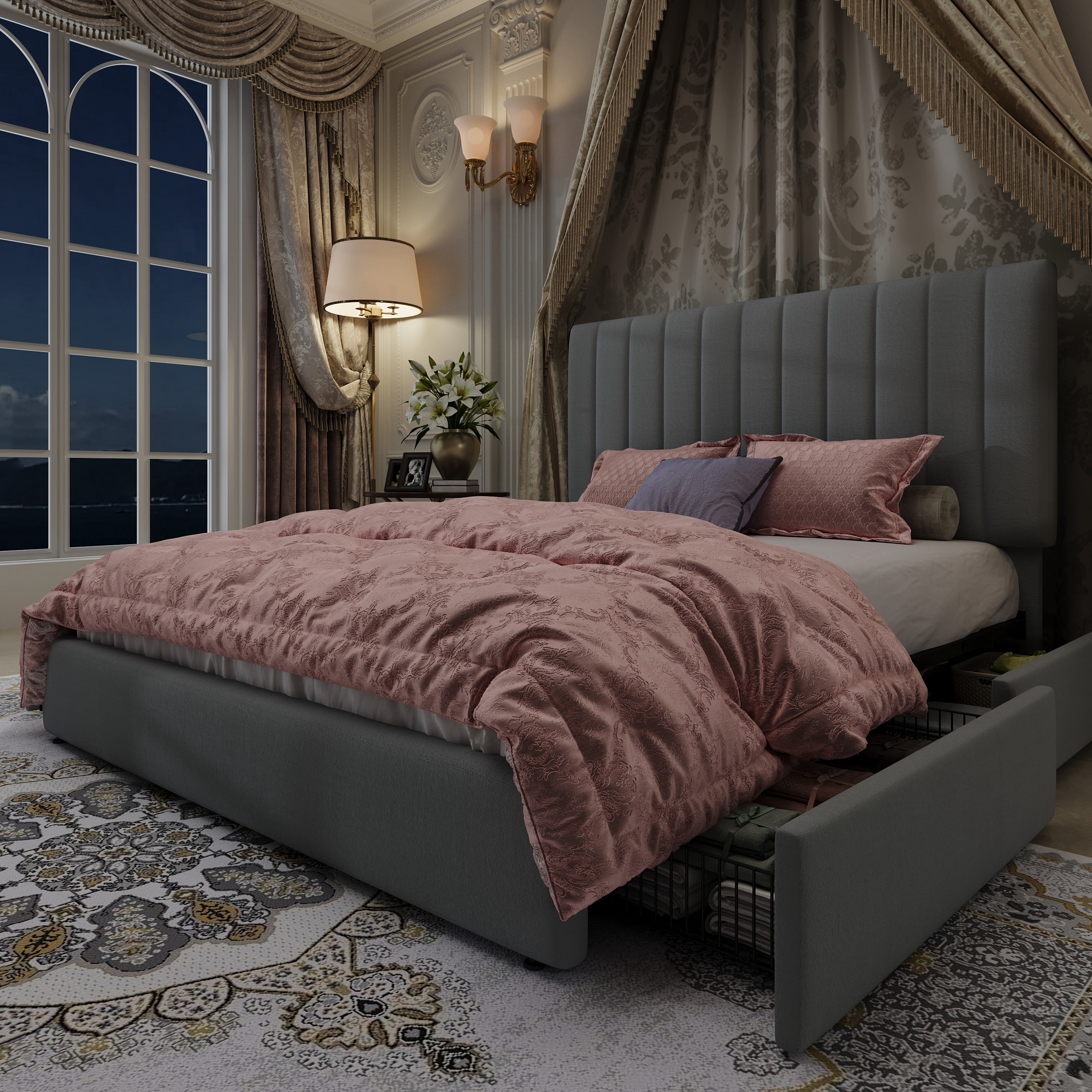 Amolife Queen Bed Frame, Platform Bed with Adjustable Velvet-Wrapped Headboard and 4 Storage Drawers, No Box Spring Required, Gray