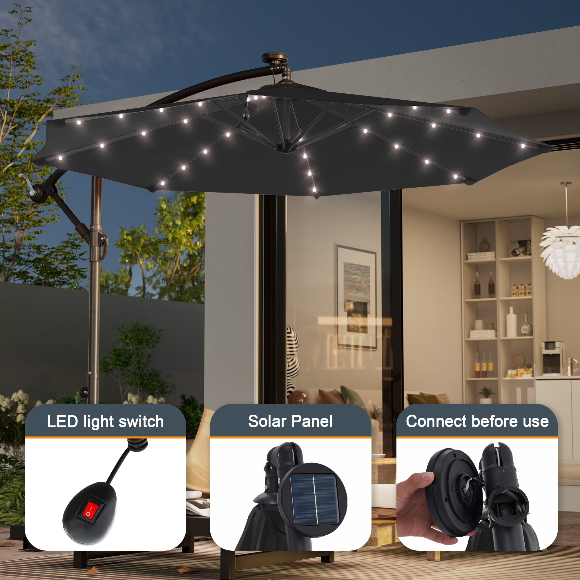 ACEGOSES 10ft 32 LED Outdoor Patio Offset Umbrella, Solar Lighted Hanging Umbrella with 8 Ribs for Desk,Garden,Yard,Black