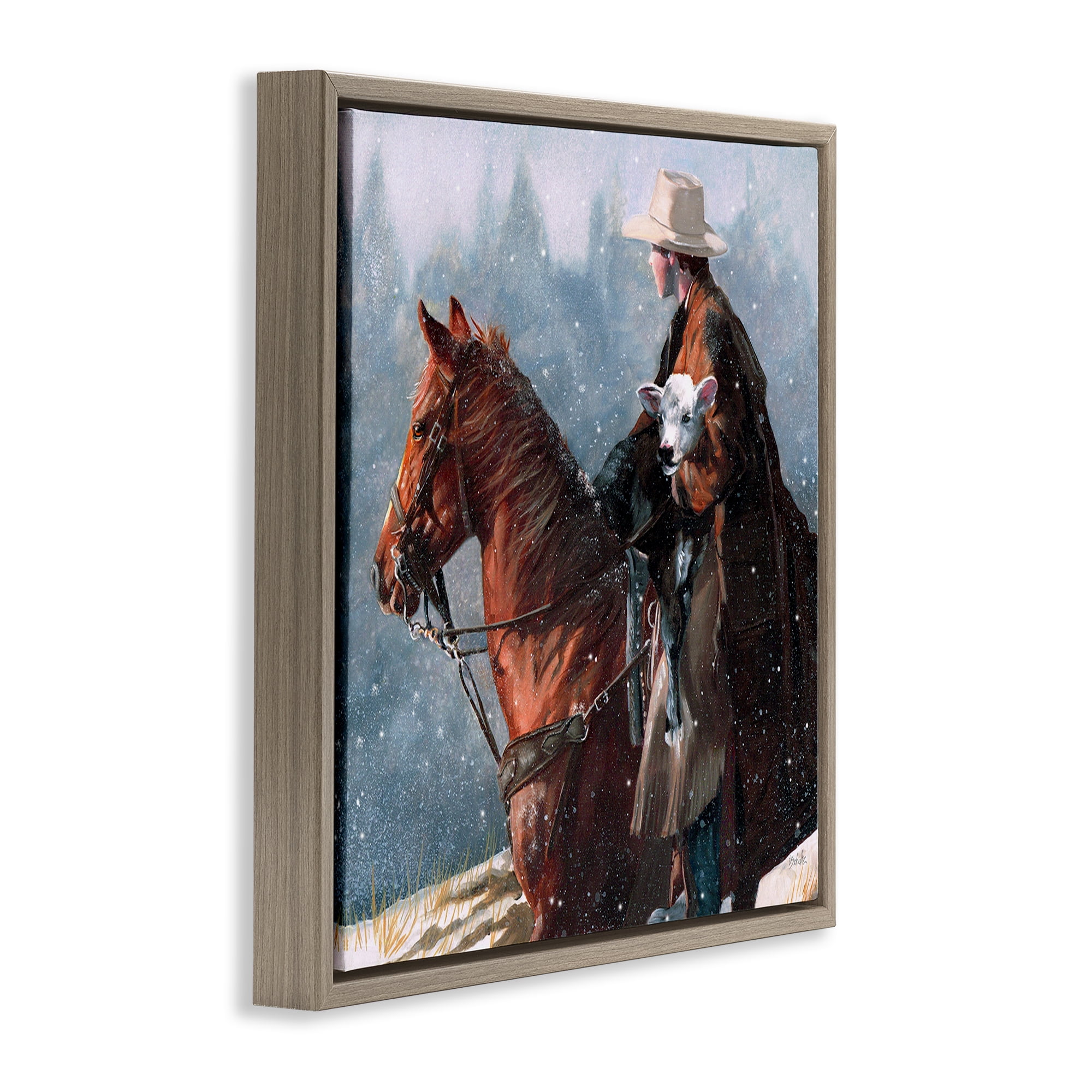 Stupell Industries Cowboy Snow Scene Animals & Insects Painting Brown Floater Framed Canvas Art Print Wall Art, 18 x 18