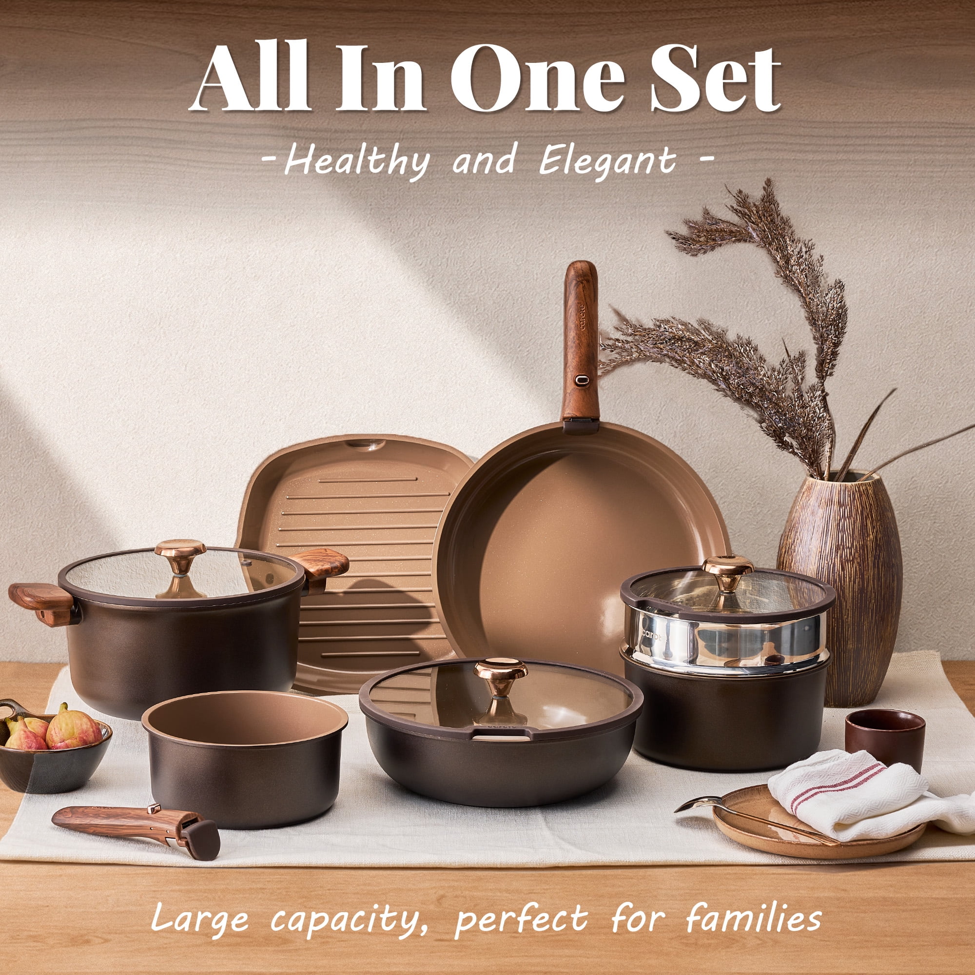 Carote 24pc Detachable Cookware Set, Chocolate, Ceramic Nonstick, Die-Cast Aluminum