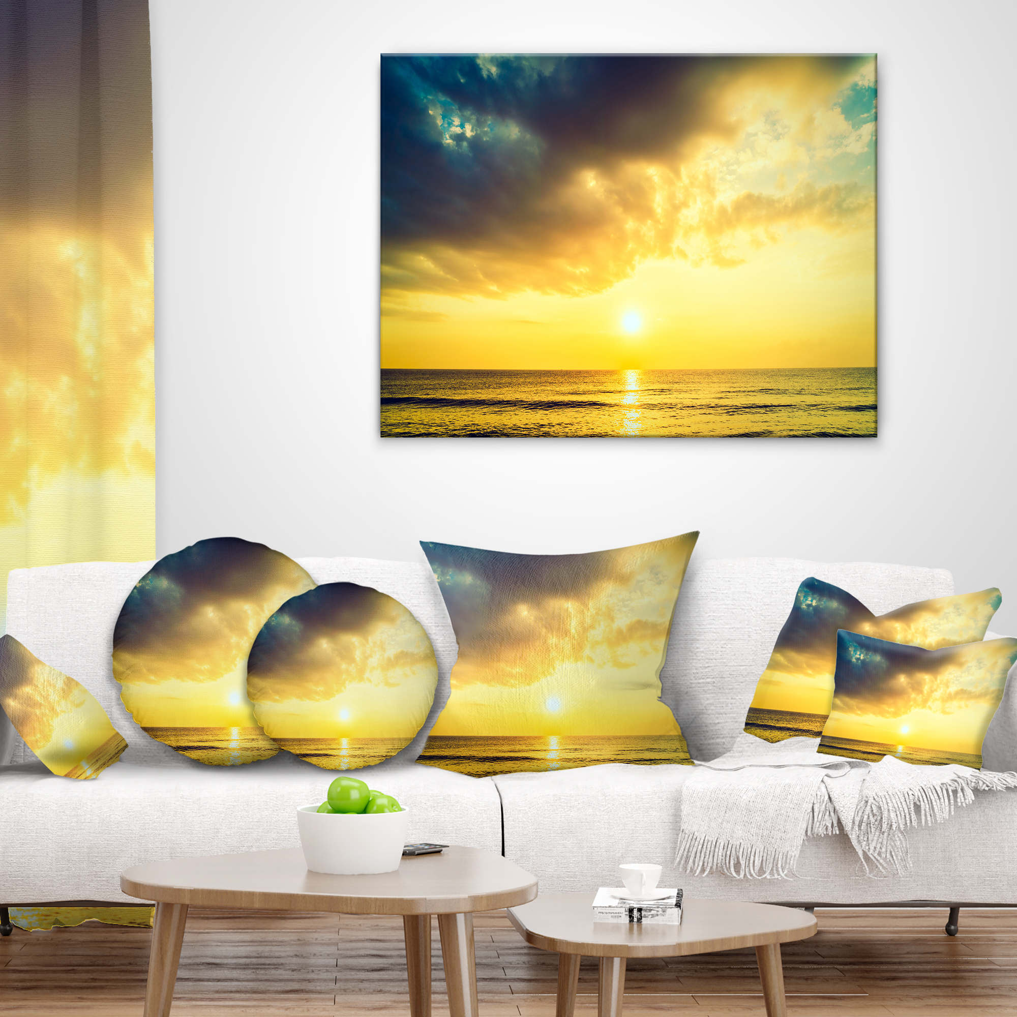 Designart Yellowish Sky over Serene Seashore - Seascape Throw Pillow - 12x20