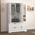 thumbnail image 3 of UZUGUL Farmhouse Armoire Wardrobe Closet with Mirror, 2 Drawers, Hanging Rod, Light, 3 Doors, White, 71.7 inch Height, 3 of 9