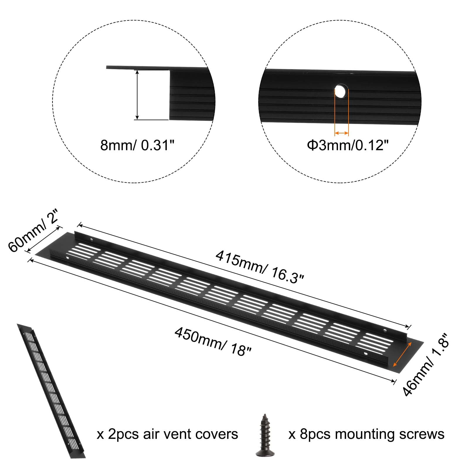 Uxcell 1 Set Rectangle Ventilation Grille, Aluminum 450x60mm Black