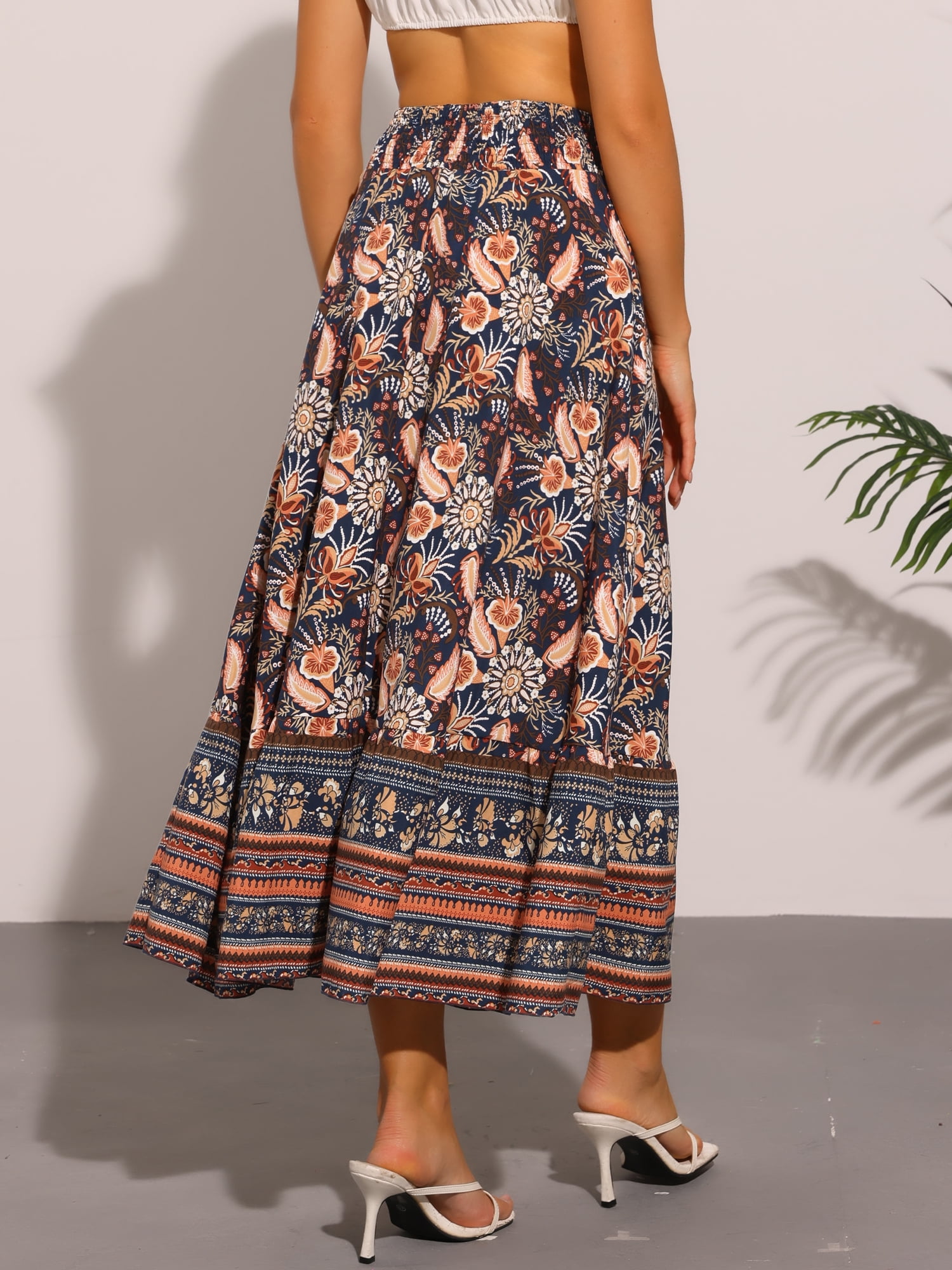 DARING DIVA Women's Boho Floral Casual Beach Flowy Maxi Skirt M Dark Blue