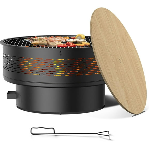 TVOFEK 32 inch Fire Pit Table with BBQ Grill & Lid, Round Wood Burning Firepits for Outside with Fire Poker for Bonfire, Camping, Yards