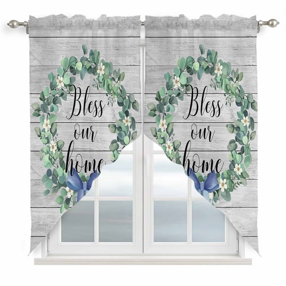Farmhouse Wooden Grain Swag Curtains for Kitchen/Bedroom/Living Room, Eucalyptus Leaves Watercolor Bow Scalloped Curtains 63 Inch Long, Window Swag Topper Curtains Valances 2 Panels Set 36"x63"