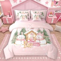 Homewish Snowman Rabbit 7 Pieces Bedding Comforter Set for Kids Children Teens,Kawaii Bowknot Gingerbread Man Full Bedding Set Lightweight,Xmas Festival Fitted Sheet Flat Sheet