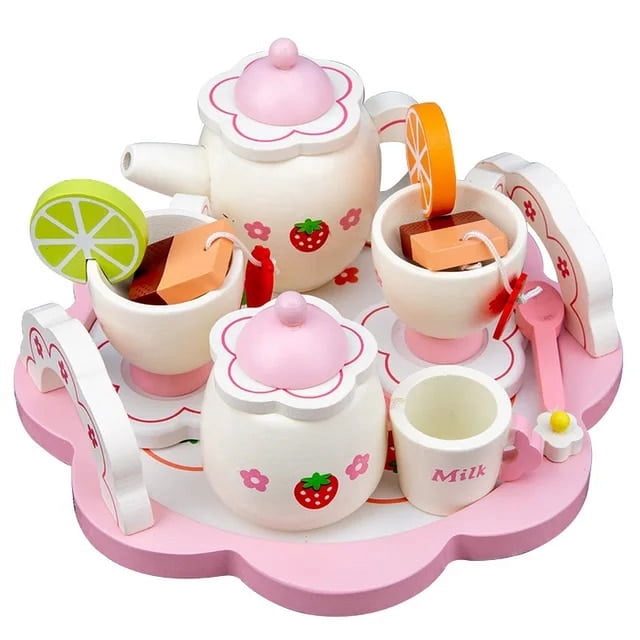 Children‘s Toy Girl Play House Simulation Pink Tea Set Wooden Baby Early Education Educational Kitchen Tableware Gift
