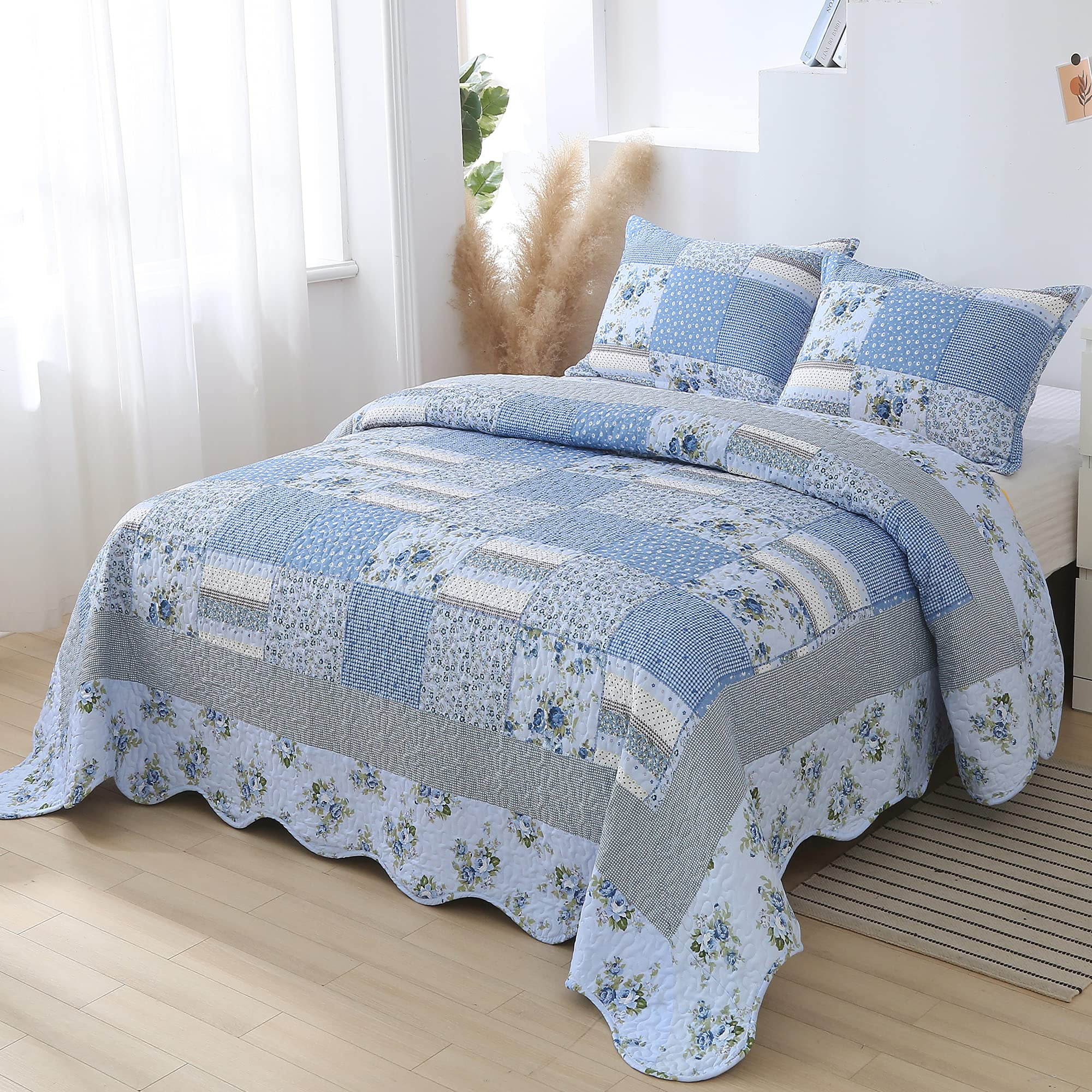 Blue Patchwork Quilt Set Full Queen Size Floral Quilted Bedspread