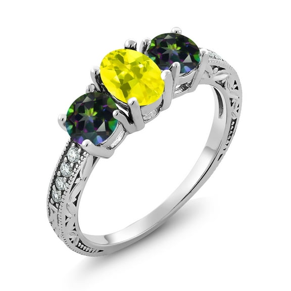 Gem Stone King 2.02 Ct Oval Canary Mystic Topaz Green Mystic Topaz 925 Sterling Silver Moissanite Ring (Size 7)
