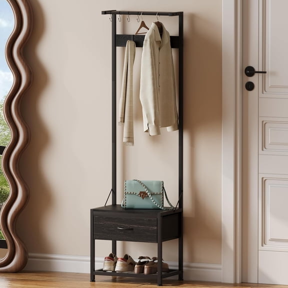 Hall Tree with Shoes Bench Storage,Small Coat Rack with Drawers | 4 in 1 Narrow Hall Tree with shoes storage & fabric drawers,Entryway organizer with coat rack for closet,hallway,bedroom,