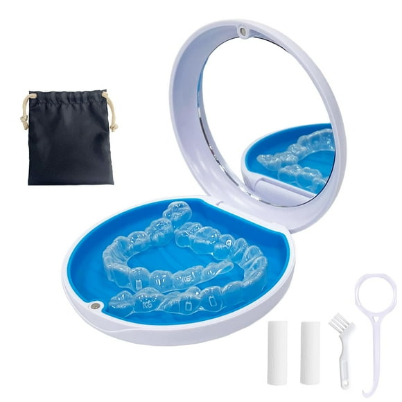 Retainer Case,Aligner Case with Mirror,Round Retainer Holder with Aligner Remover Tool, Chew & Brush,Rope Bag Sets (White Outside Blue Inside)