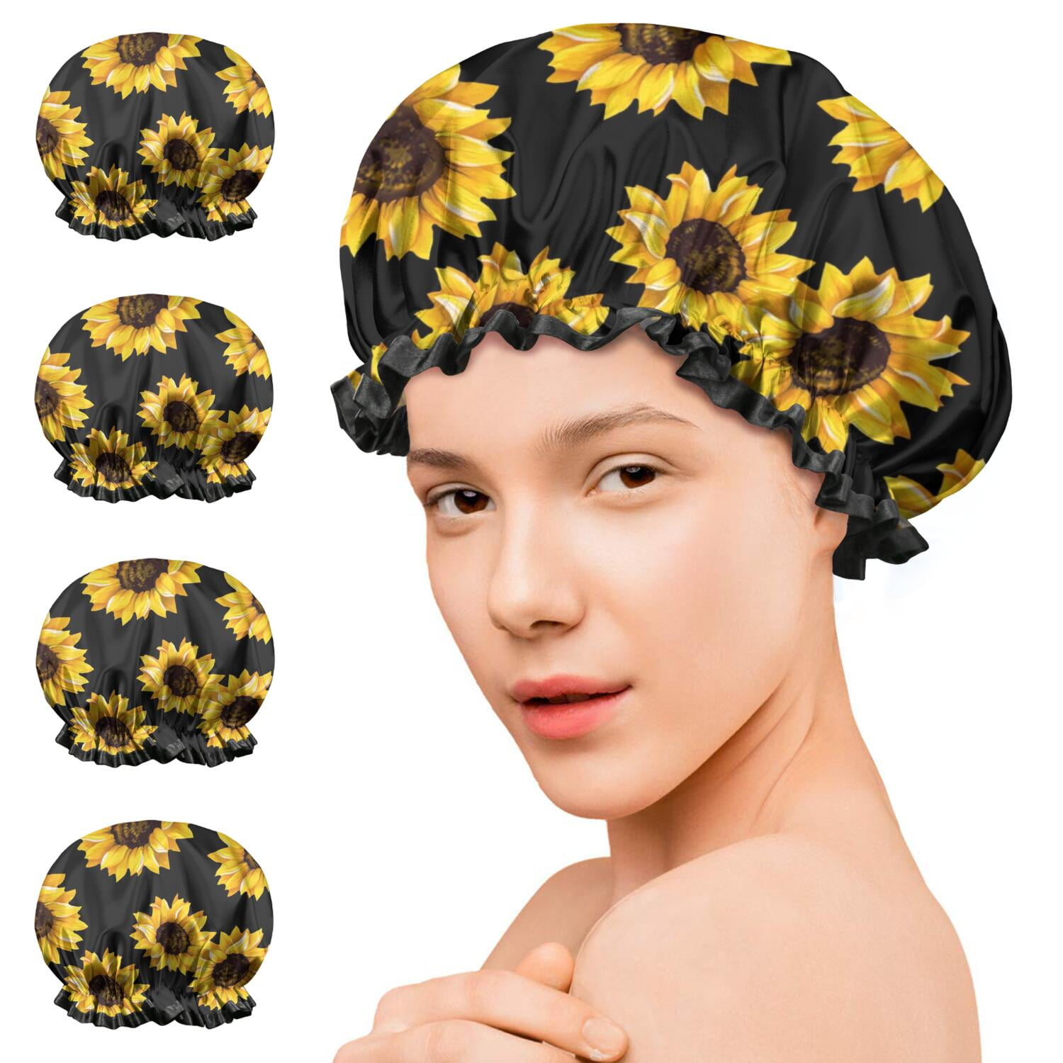 Shower Caps,Black Yellow Sunflower Pattern Waterproof Shower Cap for Women 4 Pieces,Double Reusable Hair Cover for Shower PEVA Elastic Stretch Hem
