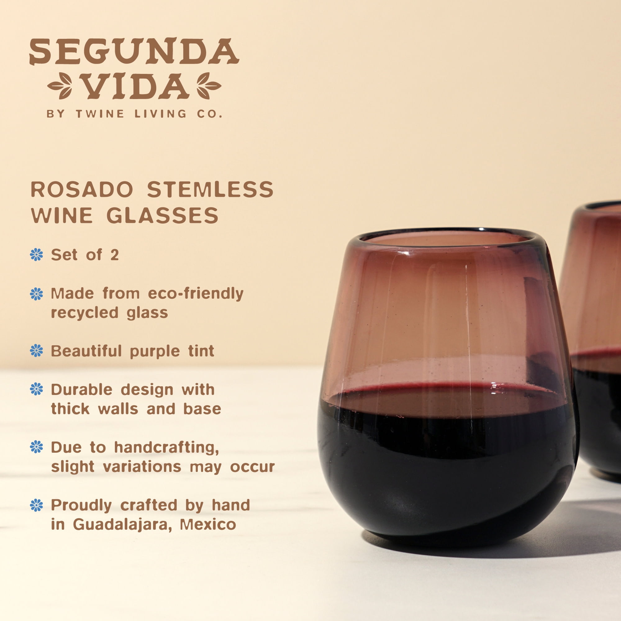 Segunda Vida Rosado Stemmed Wine Glasses - Hand Blown Red Wine