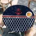 thumbnail image 2 of Navy Blue Morocco Round Tablecloth, Fitted Table Cover with Elastic for 36"-44" Round Tables, Red Ocean Nautical Anchor Stripe Table Cloth Outdoor Indoor Dinning Party Waterproof Tablecloths, 2 of 7