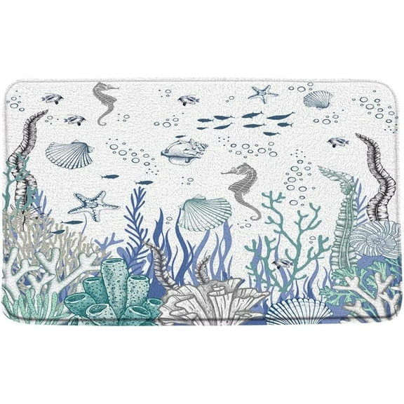 Nautical Coastal Bath Rug Coral Seashell Beach Ocean Themed Bathroom Curtain Starfish Seahorse Pattern Bathroom Kitchen Flannel Non-Slip Mat Indoor Decor Carpet 29.5x17.7inch