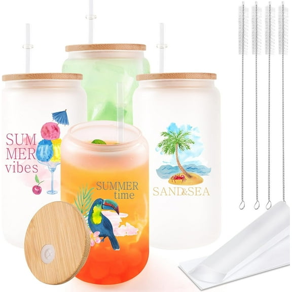 Joyclub 16 OZ 4 Pack Sublimation Glass Cups with Bamboo Lids and Straws for Iced Coffee Beer Juice Soda DIY Gift