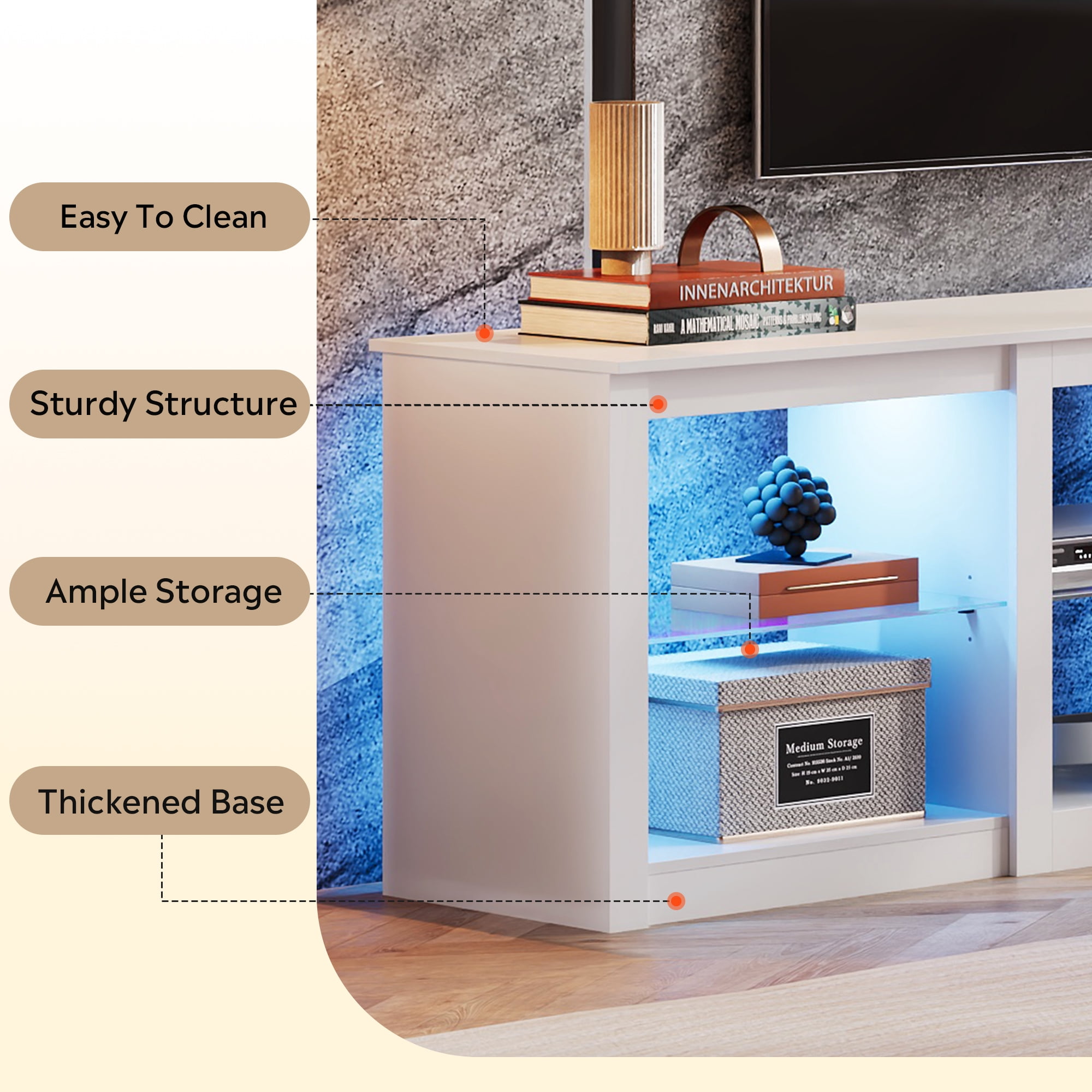 GALAXHERO TV Stand for 55/65/75 Inch, TV Modern Entertainment Center with LED Lights & Adjustable Glass Shelves Sturdy Media Console for Living Room, Bedroom, Gaming White