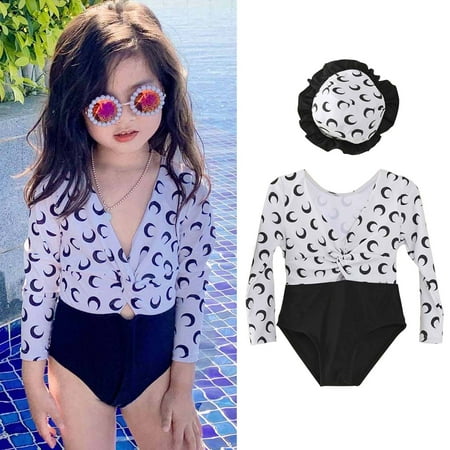 

CHGBMOK Summer Toddler Swimsuit Baby Girl s Swimsuit Long Sleeve V-Neck Moon Print One-Piece Swimsuit+ Hat Swimwear Suit