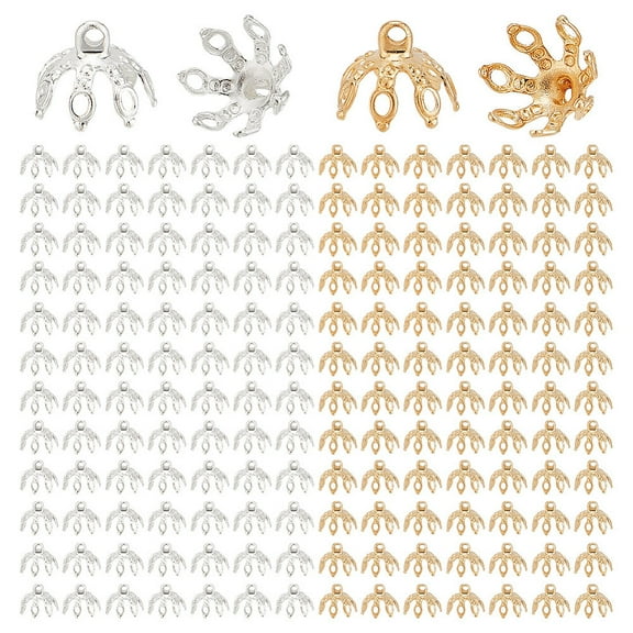 200Pcs 2 Colors Brass Bead Caps Flower Golden & Silver 10x8mm Hole: 1.4mm 100pcs/color