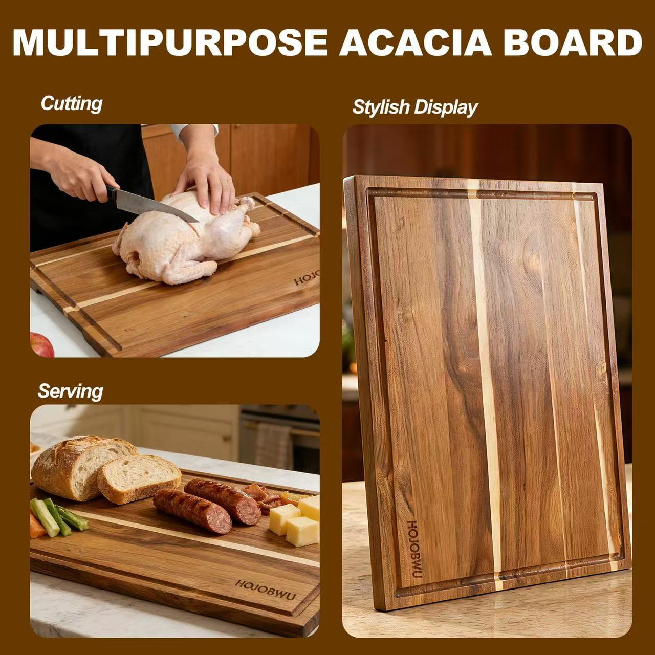 HOJOBWU 24x18 Acacia Wood Cutting Board, Large Wooden Butcher Block with Juice Groove and Handles for Kitchen Prep