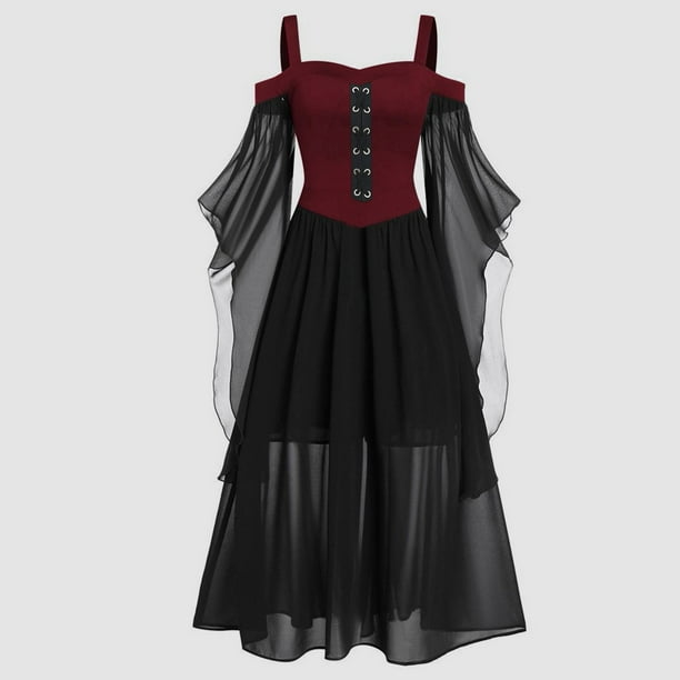WILLBEST Vestidos Casuales para Mujer con Curvas Vestidos para Mujer de Talla Grande Moda Estilo Gótico Vestido Midi Vintage con Mangas Largas Acampanadas Vestido de Fiesta Línea A XXXXXGrande