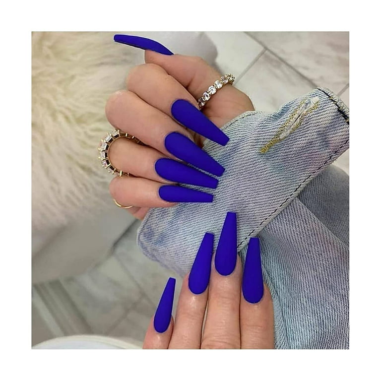 Press on Nails Long Color Gel Fake Nail, Solid Color Manicure Set Including  Jelly Glue, Nail File, Cuticle Stick, 24 Pcs. (sapphire blue \u2013  frosted) 