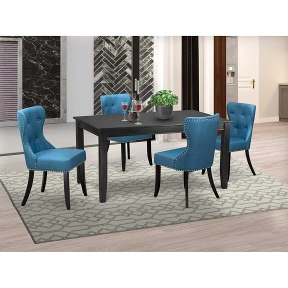 East West Furniture East-West Furniture DUSI5-BLK-21 - A modern dining table set of 4 excellent parson dining chairs with Linen Fabric Mineral Blue color and a gorgeous mid-century dining table...