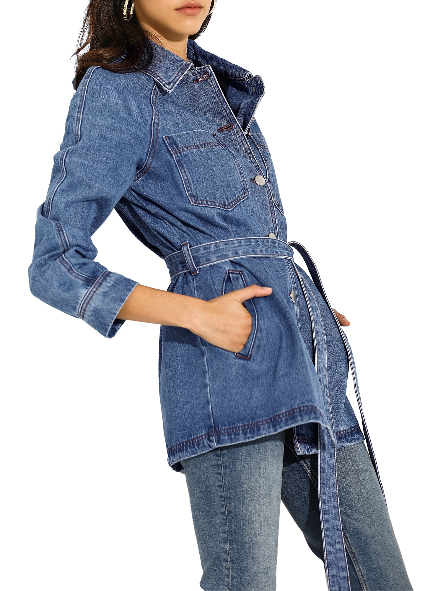 DARING DIVA Woman's Boyfriend Tie Waist Denim Jacket with Pockets XL Blue