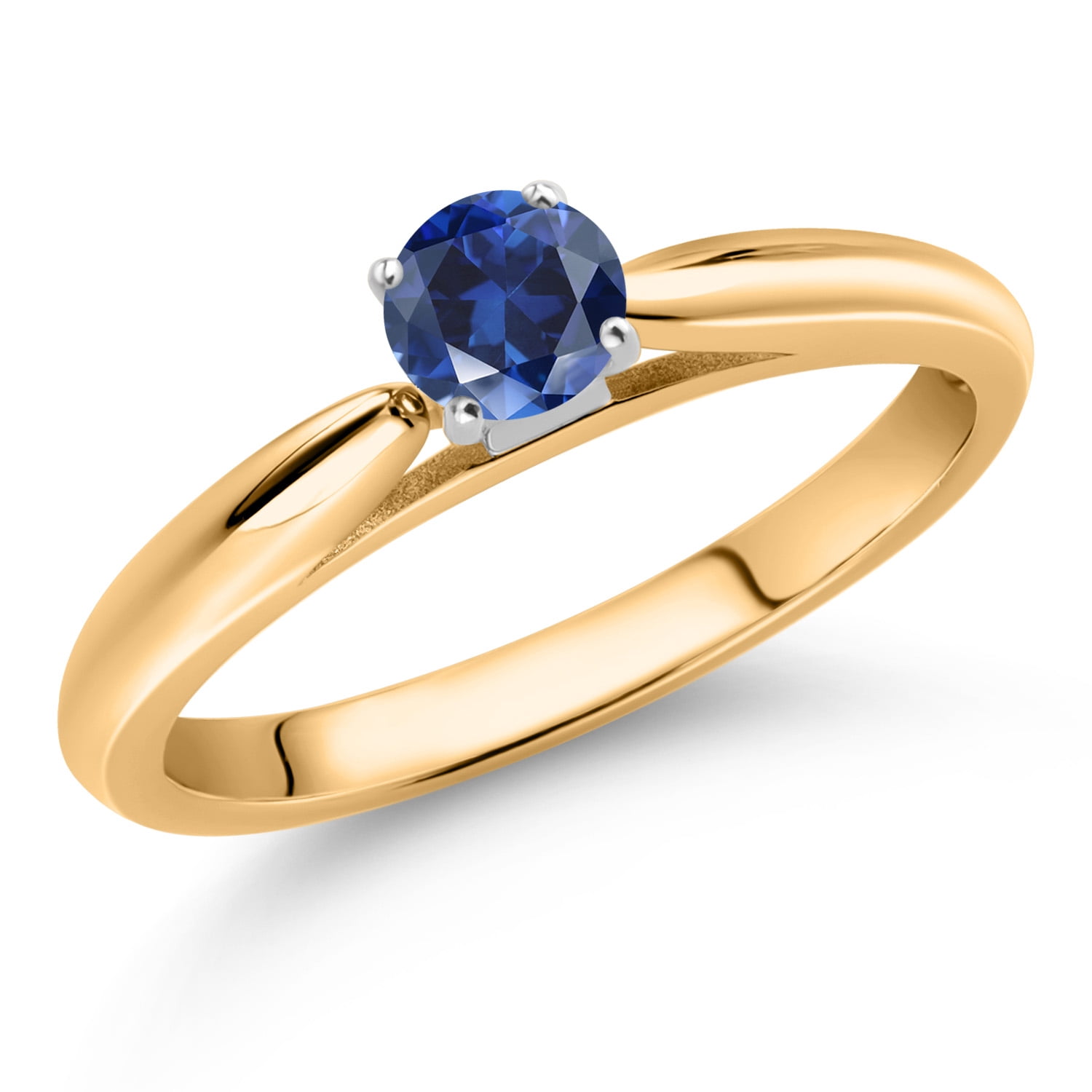 Gem Stone King 10K Yellow Gold Blue Created Sapphire Solitaire Engagement Ring for Women (0.25 Cttw, Gemstone September Birthstone, Round 4MM)