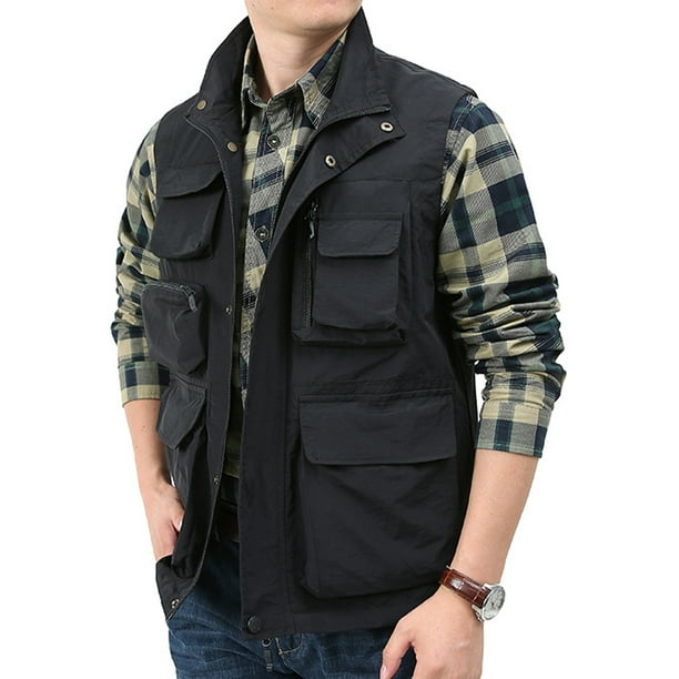 Avamo Mens Waistcoat Sleeveless Vests Jackets With Multi Pockets Cargo Vest  Casual Outwear Fishing Jacket Black M