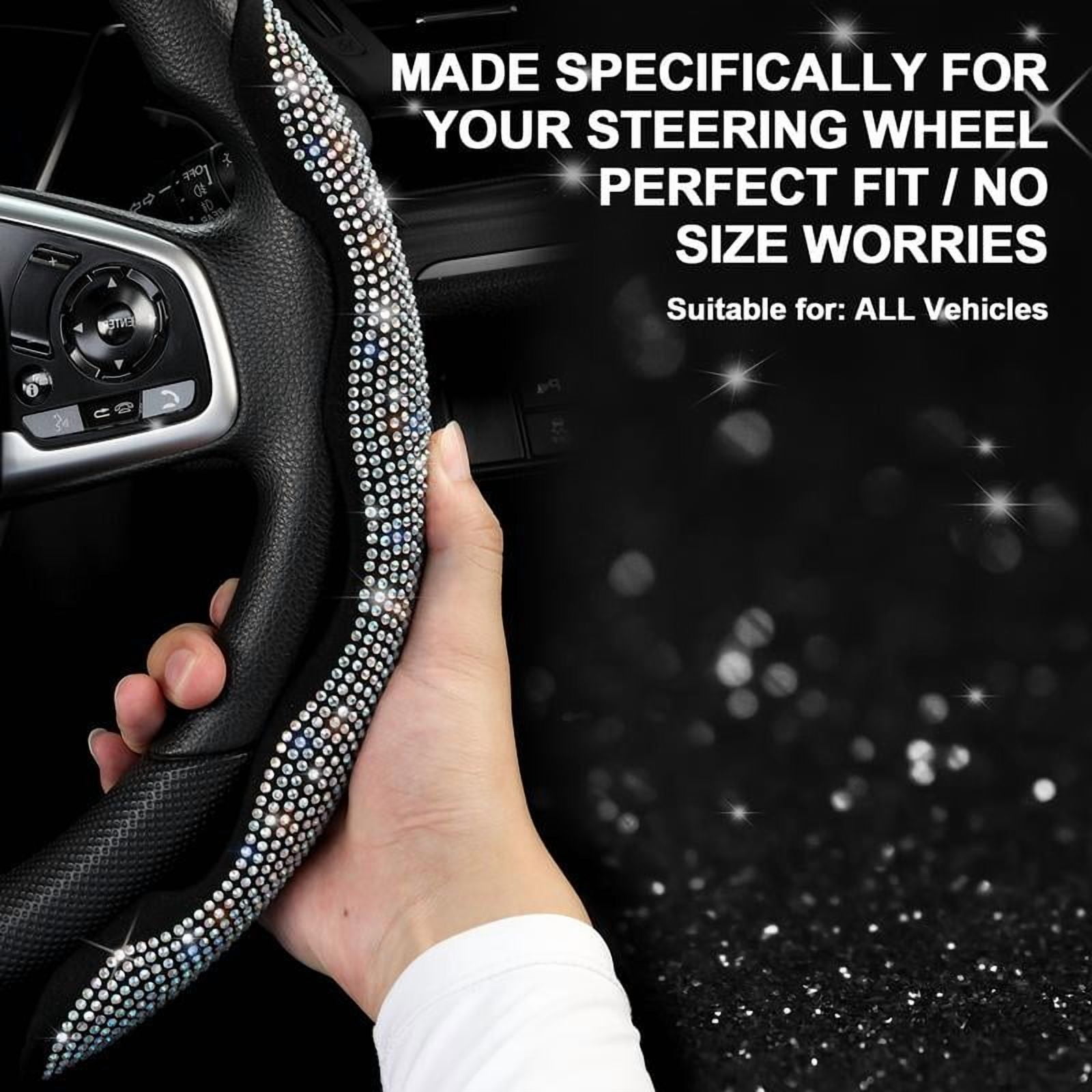 Diamond-studded car steering wheel cover, inlaid with crystal rhinestones, 3-piece set of segmented steering wheel protectors, universal design, suitable for 99% of car models, especially suitable fo