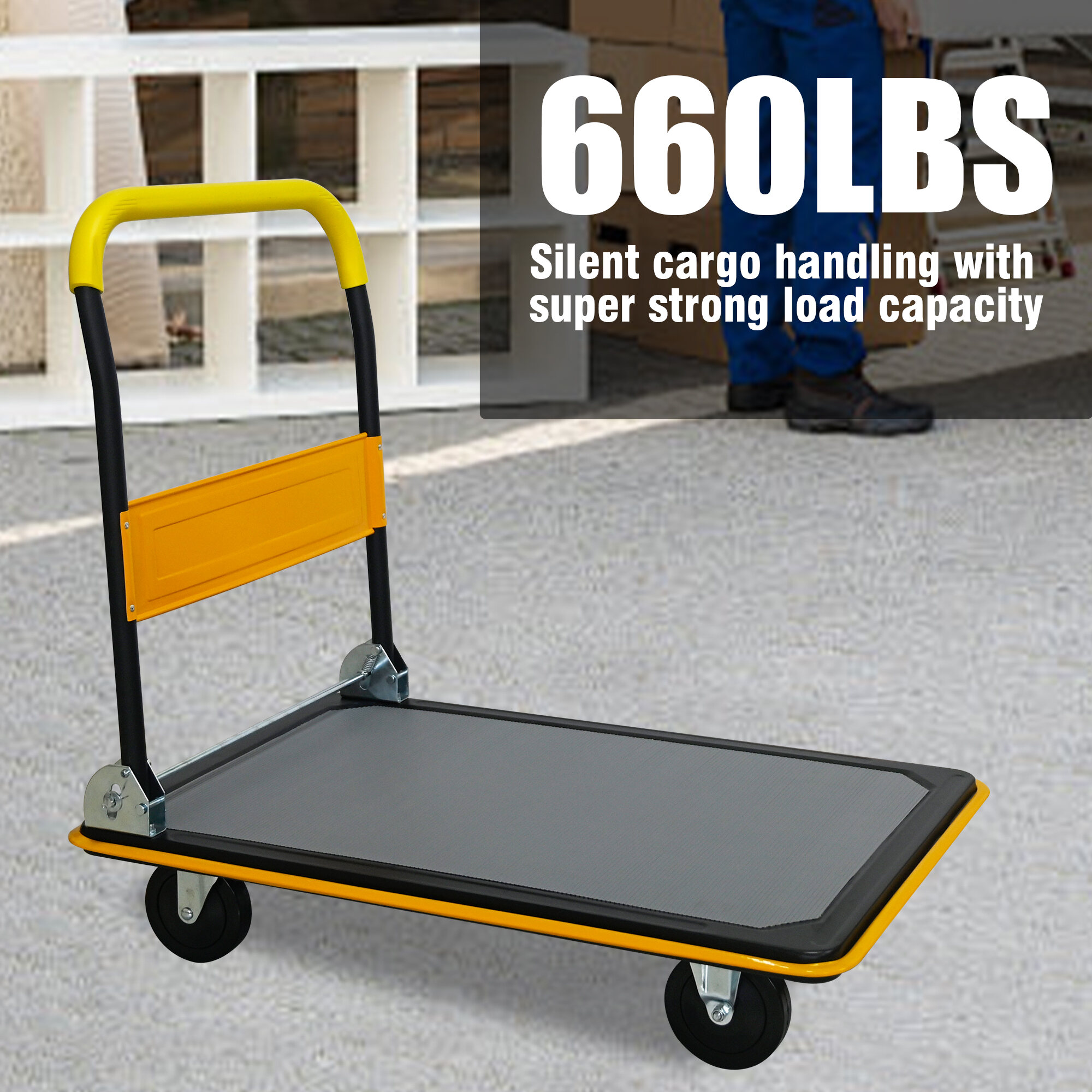 Dolly, Flatbed Cart, 660lbs Heavy Duty Capacity Platform Hand Truck 360 Degree Swivel Wheels Foldable Push Hand Cart for Loading and Storage, Warehouse-Yellow, Yellow Hand Truck,Furniture Dolly