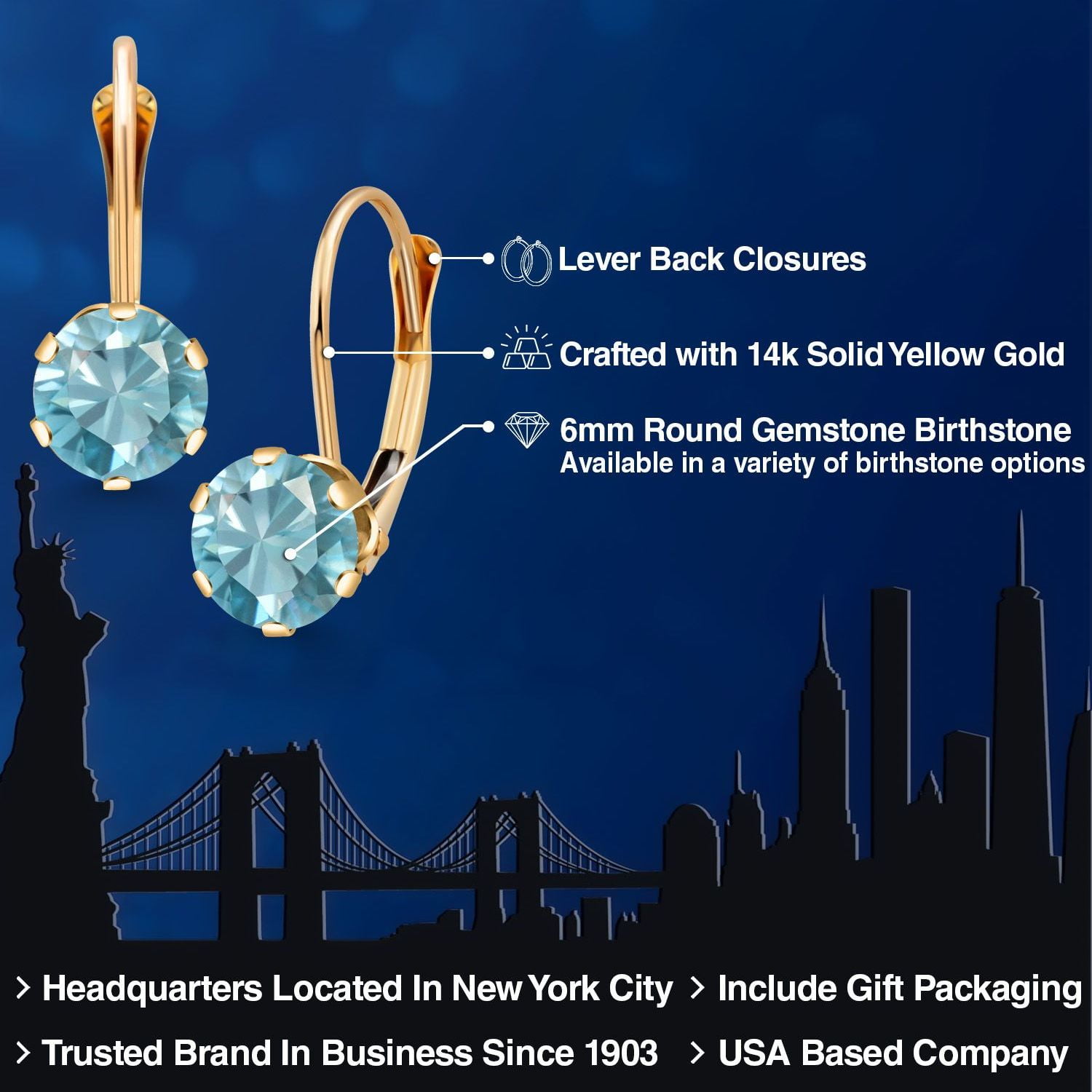 Gem Stone King 14K Yellow Gold 6MM Round Birthstone Gemstone Leverback Dangle Earrings for Women