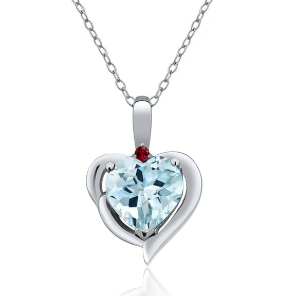 Gem Stone King 1.90 Cttw Sky Blue Topaz and Red Created Ruby Heart Shape Pendant Necklace for Women | 925 Sterling Silver | Heart 8MM | Gemstone November Birthstone | With 18 inch Chain
