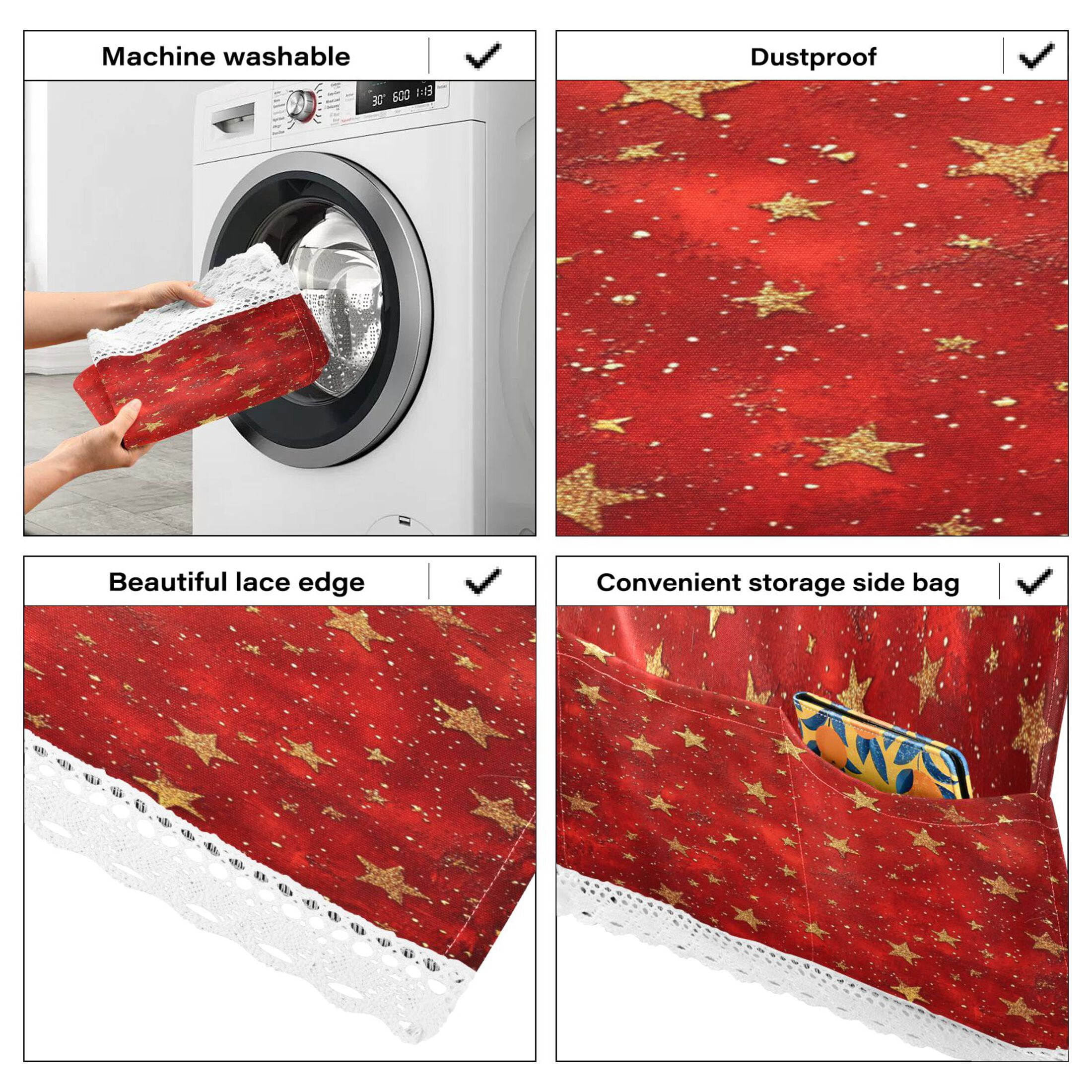 Red Background with Golden StarsWasher and Dryer Covers Dust-Proof and Oil Resistant Fridge Cover with 4 Storage Pockets Washing Machine Top Cover for Laundry Kitchen Home 51.2 x 22 In