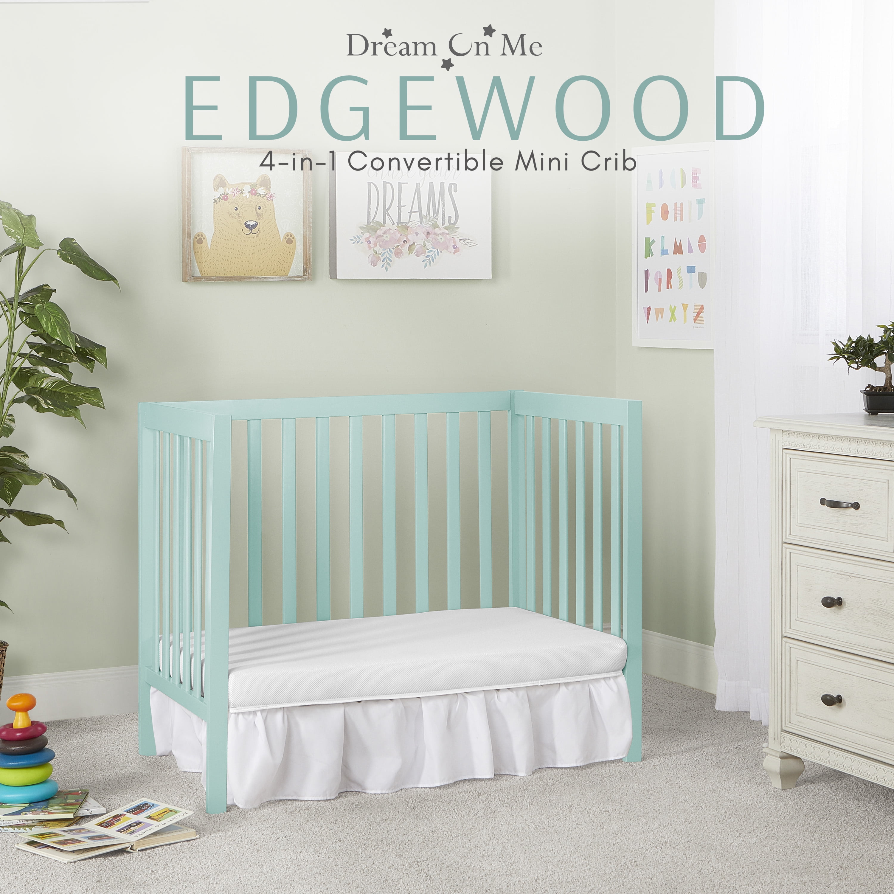 Dream On Me Edgewood 4-In-1 Convertible Mini Crib In Mint