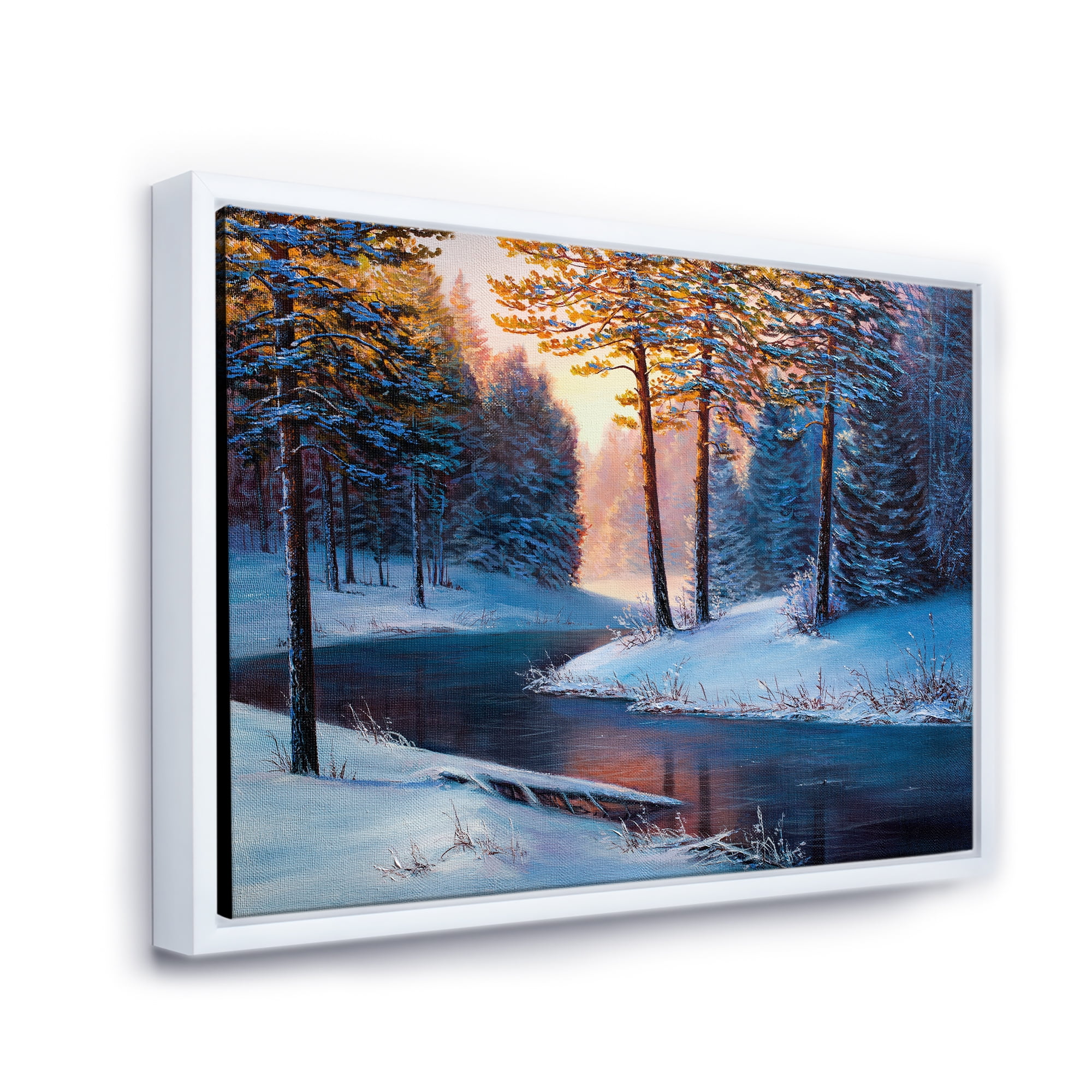 Designart 'Morning Glow Through The Christmas Forest By The River' Lake House Framed Canvas Wall Art Print