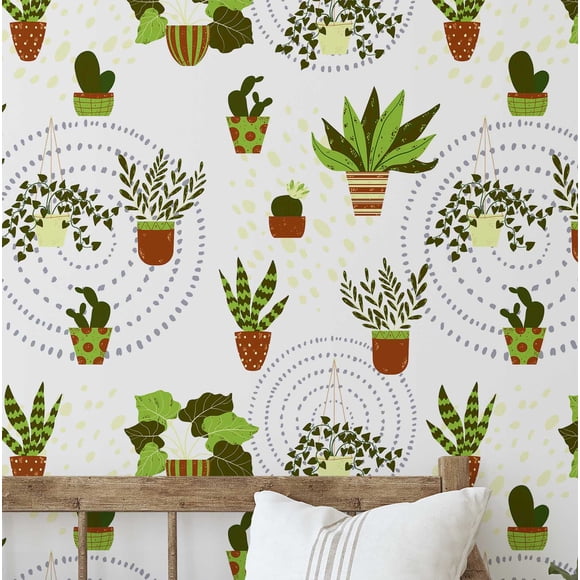 S4Sassy Self-Stick Decorative Boho Wallpaper, Potted Plant Print Wall Paper, Textured Vinyl Waterproof Contact Paper, White, 25"X120" Removable Renter Friendly Wall Covering For Bedroom, Dining Room
