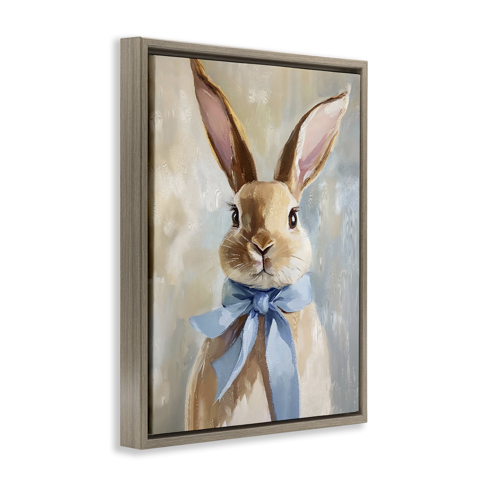 Stupell Industries Bunny with Blue Bow Brown Framed Floater Canvas Wall Art, design by The Prints Vibe