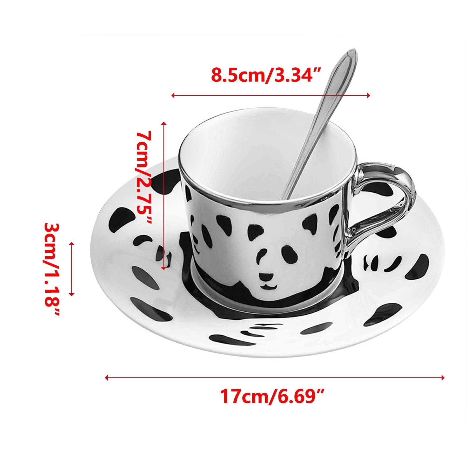 ADruer Angled Mirror Cup & Saucer, Moving Reflection Panda Mirror Coffee Mug for Cappuccino, Milks, Espresso, Tea, Coffee, Christmas Gifts, 11oz